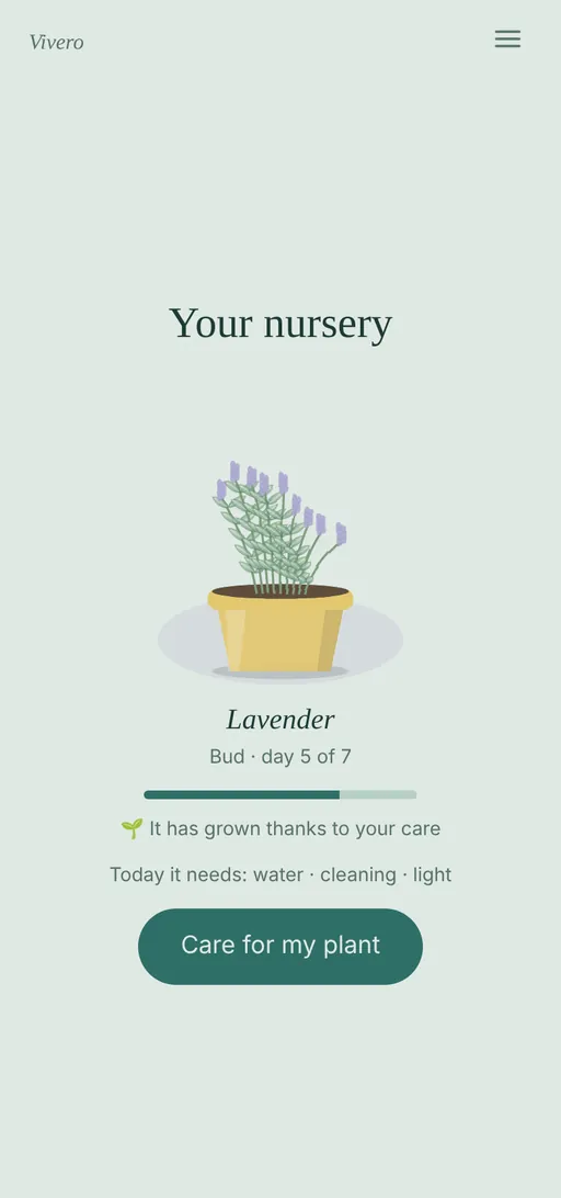 Vivero screen: a lavender in its pot on day 5 of 7, with the “Care for my plant” button.