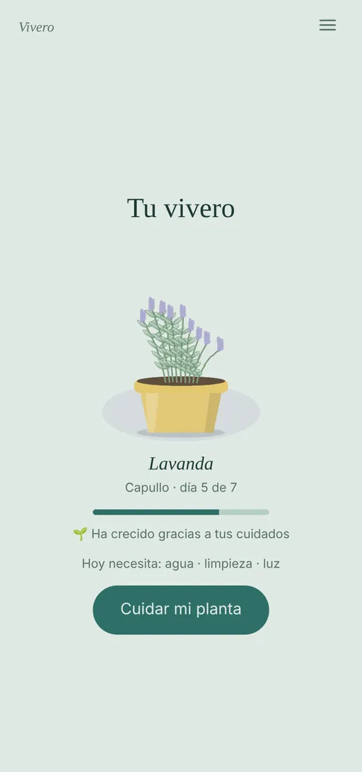Pantalla de Vivero: una lavanda en su maceta, en el día 5 de 7, con el botón «Cuidar mi planta».